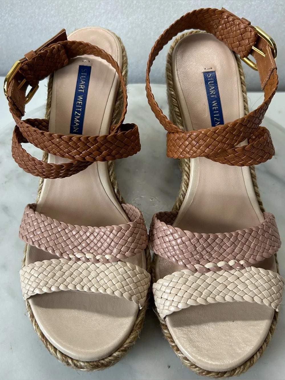 NWOT STUART WEITZMAN Elsie Color-Block Braided Leather Wedge Espadrille Sandals